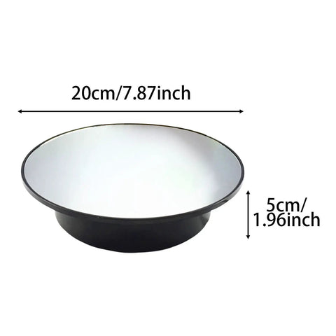 Premium Electric Rotating Turntable Display Stand With Adjustable Speeds For Jewelry Makeup And Ornaments Black Base Mirror 360 Swivel Showcase Tray with dimensions 20cm diameter and 5cm height.