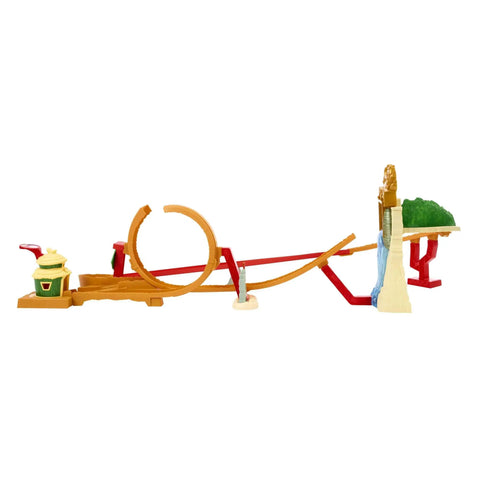 Side view of Mario Kart Track Set And Die Cast Toy Car Jungle Kingdom Raceway With Waterfall Jump Over 3 Feet Tall Super Mario Bros Playset