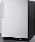 Slick Stainless Steel Under Counter Upright Freezer With Built In Ice Maker And No Sweat Frost Free Design, 24-inch compact size.