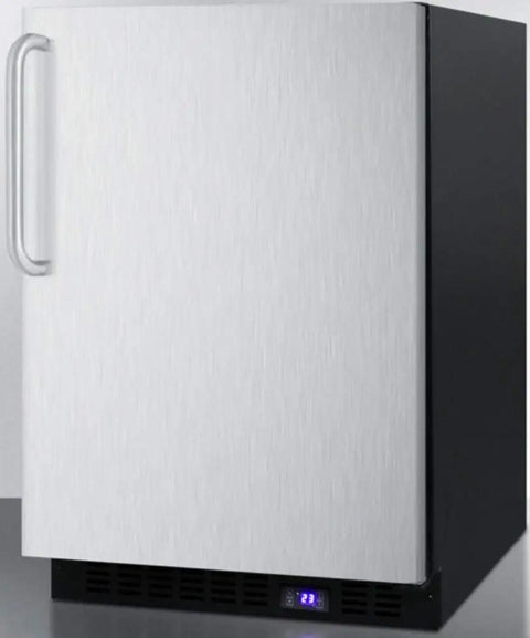 Undercounter Upright Freezer With Sleek Stainless Steel Finish ZeroFuss FrostFree Operation Smartly Engineered For 24 Inch Spaces BuiltIn Or Freestanding Setup Includes Digital Thermostat And Slick Towel Handle, front view showing stainless steel door and digital thermostat display.