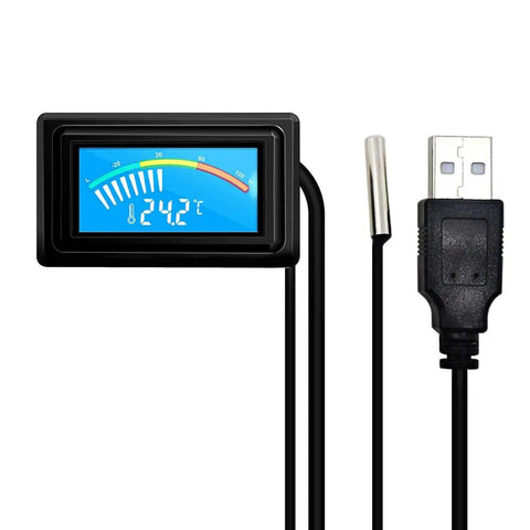 USB Powered Digital Thermometer Temperature Gauge With Sensor Probe For Aquarium Car PC Case Incubator Brooder And Pet Enclosures LCD Display With Fahrenheit And Celsius Readouts. Black USB thermometer with LCD display and metal probe