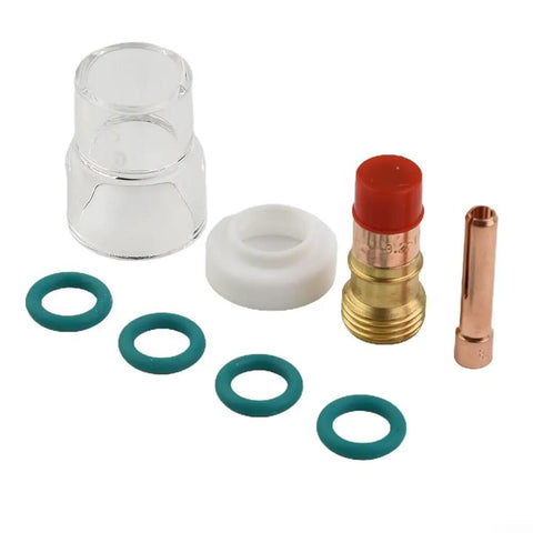 Upgrade Your Rig With This Awesome 8 Piece TIG Torch Kit For Wp 17 And 18 Models Featuring Stubby Gas Lens parts including glass cup and O rings.
