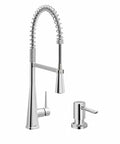 Moen Swyre Spring Pulldown Kitchen Faucet, 87538 with chrome finish and deck-mount soap dispenser, 3949, 18-oz refillable bottle.