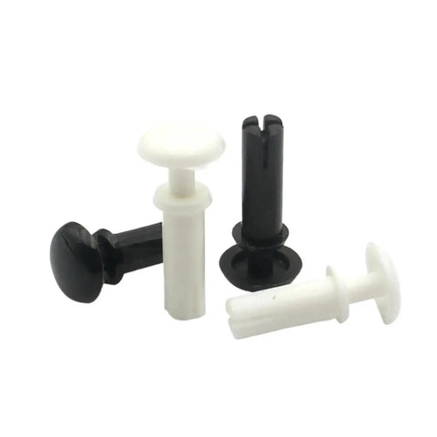 Solid Nylon Push Rivets And Plastic Snap Fasteners Lock Thin Panels Snug Tight With Zero Hassle Heavy Duty Shatter Resistant Clips in black and white.
