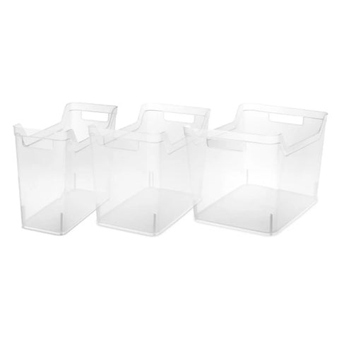 Clear Plastic Shelf Bin Organizer With Open Top Handles, stackable transparent totes, narrow design, set of three