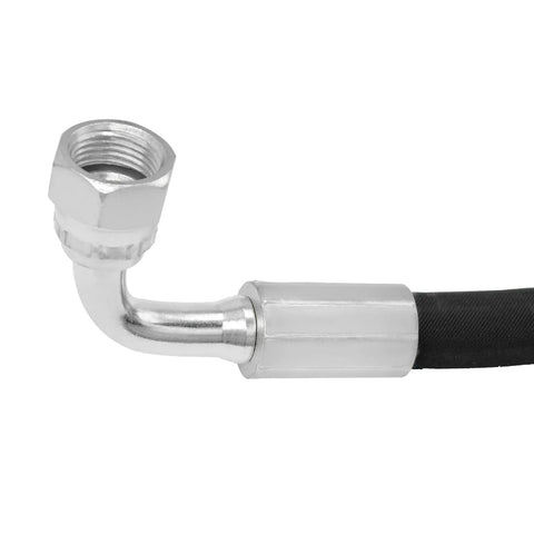 Close-up of steel-reinforced hydraulic hose fitting, part of Front Loader Hydraulic Hose Kit For Boom And Bucket Cylinders.