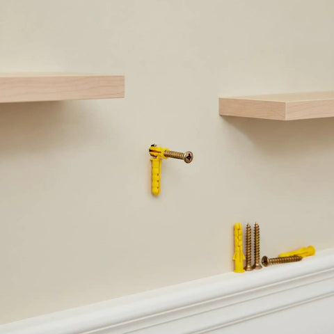 Drywall Anchors And Screws Set With Yellow Plastic Expansion Plugs For Hollow Walls installed between shelves