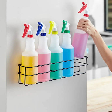 Wall Mount Spray Bottle Rack For Up To Five 32 Oz Bottles, Tough As Nails Heavy Duty Steel Holder For Cleaning, installed view