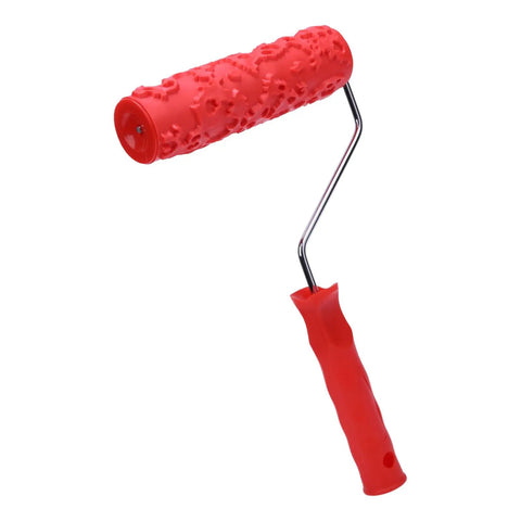 Heavy Duty Texture Paint Roller With Ultra Soft Rubber Face For Killer Wall Art And Badass Accent Panels Ideal For Easy DIY Home Upgrades And Hella Thick Paint Application, 7x12 inch, red roller with textured surface.