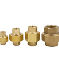 Four varying sizes of brass pipe fittings in a row, featuring 1/4 Inch Female NPT Union Brass Pipe Fitting Straight Connector Pack of 2, 1200 Psi.