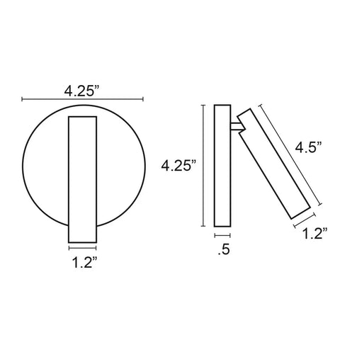 Dimensions diagram of Matte White Adjustable Spotlight Wall Sconce With Integrated LED Bulb, Flush Mount Canopy, 3000K Warm White