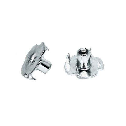 Built Like A Tank 4 Prong Steel T Nuts 100 Pack Featuring 10-32 Threads And 5/16 Inch Length, showing rust proof zinc coated t nuts.