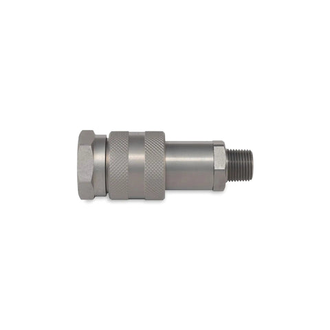 Heavy-Duty Three Eighths Inch Hydraulic Quick Connect Coupler Set For Ten Thousand PSI Systems, Three Eighths Inch NPT Thread, Screw-To-Connect, Steel With Zinc-Plated Finish For Corrosion Resistance And Secure Engagement On Pumps And Cylinders. side view