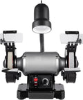 Heavy Duty Bench Top Grinder With Smooth Variable Speed Control And 6 Inch Dual Wheels Fueled By A Pure Copper Motor with adjustable speed and a work lamp.