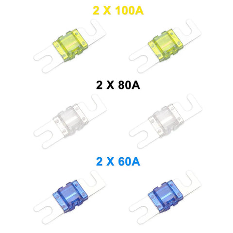 Powerful 2 Way Mini ANL Fused Distribution Block With 60A 80A 100A Fuses, Beefy Forged Brass Construction, In 0/2/4 Gauge And Out 4/8 Gauge, Marine Grade Satin Chrome Finish, High Temp Polycarbonate Housing, Built For Maximum Power Transfer, 2 x 100A 80A 60A fuses