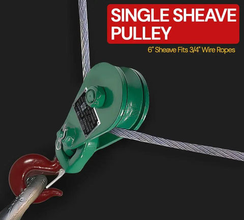 Heavy Duty Snatch Block With Hook For Rollback Recovery 8 Ton Working Load Limit 6 Inch Sheave Three Quarter Inch Wire Rope Pulley System