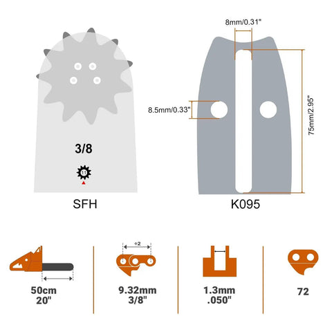 Dimensions and specifications of 20 Inch Chainsaw Bar And Chain Combo With 3/8 Pitch And.050 Gauge, 72 Drive Links, Replacement Kit