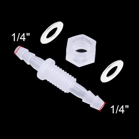 White plastic bulkhead hose-barb fittings union adapter with 1/4 inch ports and metal washers