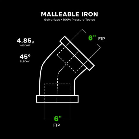 Diagram of Beefy 6 Inch 45 Degree Galvanized Malleable Iron Elbow With 6 Inch Female Threaded Ends For High Pressure Piping, Heavy Duty 150 Lb Rating, UL ULC FM Approved