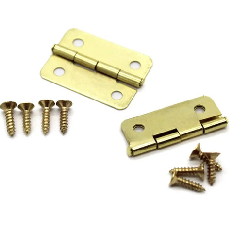 Golden Small Hinge For DIY Projects And Furniture Makeovers, with screws included, shown on white background, ideal for cabinets and cupboards.