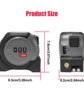 No Sweat Laser Tape Measure With Dual Cross Line Generator And Crisp Backlit Screen Featuring Linear Volume Plus Pythagorean Modes dimensions shown.