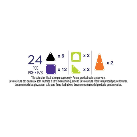 24 Piece Halloween Magnetic Building Tiles For Kids, showing tile shapes and colors included in the set.