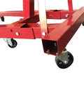 Close-up of Heavy Duty 2 Ton 4000 Lbs Engine Hoist Cherry Picker's steel frame and caster wheels for stability.