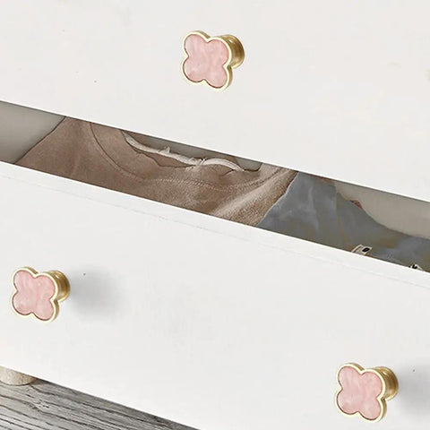 Sweet Looking Pink Clover Drawer Knobs Six Pack For Dressers And Kitchen Cupboards Smooth Zinc Alloy Hardware on white dresser.
