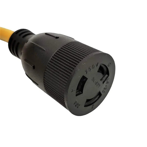Close-up of NEMA L6 20 Locking Extension Cord With 3 Prong Plug 20 Amp 250 Volt Outdoor Heavy Duty Cable 25 Foot Copper Conductors
