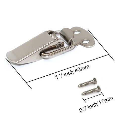 10 Pack Stainless Steel Spring Loaded Toggle Latches For Cabinets Boxes Chests And Wooden Cases Small Clamp Clips With Screws Durable Silver Finish Ideal For Home And Office Use Good To Go, with measurement details