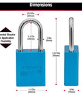 Dimensions of Aluminum Padlock One And A Half Inch Wide Body With Blue Anodized Finish Corrosion And Spark Resistant OSHA Compliant Lock