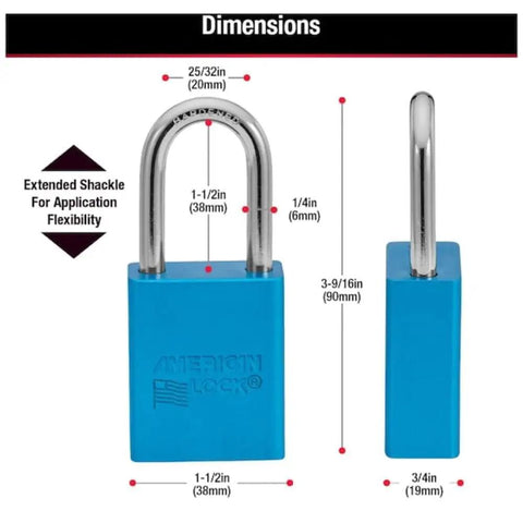 Dimensions of Aluminum Padlock One And A Half Inch Wide Body With Blue Anodized Finish Corrosion And Spark Resistant OSHA Compliant Lock