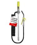 Long Distance Fuel Transfer Pump With 10 Foot Reach, Pumps Up To 2.9 Gallons Per Minute, AC DC Plug In Power, Water Flow Head, Suction Filter, DC Cable Clips For Car Or Marine Battery, Handy Flow Control Nozzle For Quick Easy Fuel Transfers, shown with hose