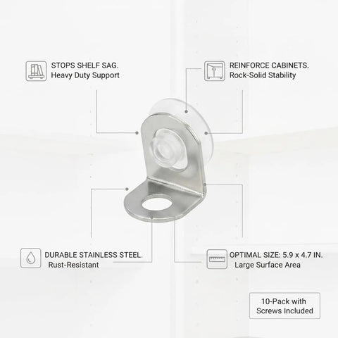 Beefy Stainless Steel L Bracket Shelf Supports Lock Your Floating Shelves And Cabinet Corners Dead Secure With Zero Sweat Easy Weekend Warrior Installation Hardware 10 Pack, showing durable L bracket and screw hole.
