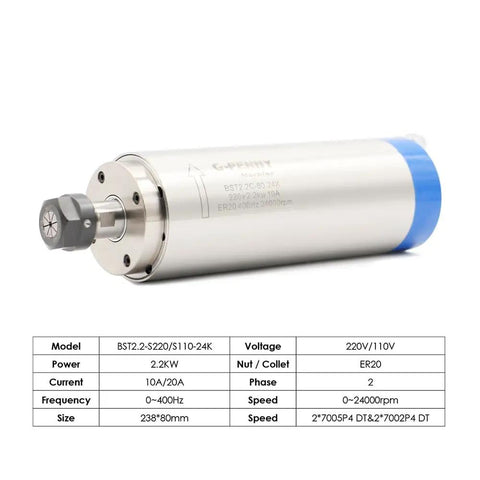 Front angle of the 2.2KW ER20 D80 220V Water Cooled Spindle Motor Kit with technical specifications table.