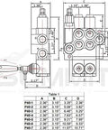 Technical diagram of Monoblock 3 Spool Hydraulic Directional Control Valve for industrial use