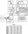 Monoblock hydraulic directional control valve, 2-spool, SAE ports, technical drawing with front and side views.