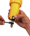 Hands adjusting spindle lock on Beast 4.5 Amp Variable Speed Laminate Trimmer with one-quarter inch collet and heavy-duty base.