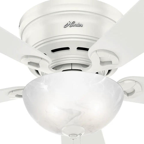 Indoor Low Profile Ceiling Fan With LED Light And Pull Chain Control 42 Inch, fresh white color, close-up of motor and light fixture
