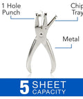 Metal Single Hole Punch for Home Office Punches up to Five Sheets at a Time One Quarter Inch Holes Handheld Chrome Puncher Durable