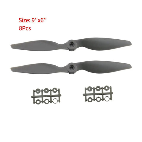 Eight Pack CCW Gemfan APC Nylon Propellers 9060 For RC Airplanes With Adapter Rings, shown with two propellers and accessory rings.