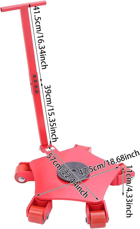 Heavy Duty Machine Skates Built Like A Tank With Three Swivel PU Rollers For Rock Solid 360 Maneuvers Warehouse Moves That Flow Like Butter Seamless Transportation Up To 4409 Pounds Capacity Red showing dimensions and features of the dolly.