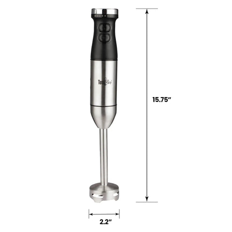 Powerful Immersion Blender With Stainless Steel Shaft And Variable Speed Control To Handle Tough Ingredients, 15.75 inches tall, 2.2 inches wide.