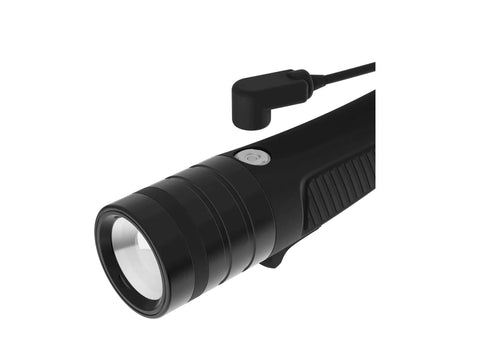 Close-up of Go To Spearfishing Underwater Flashlight 1600 Lumens Hunt Torch with ergonomic anti-slip grip and USB charging cable.