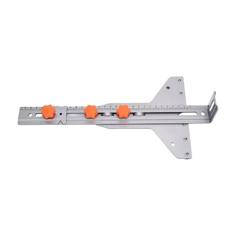 Killer Precision Adjustable Router Circle Cutting Jig With Heavy Duty Stainless Frame showing adjustable ruler and orange knobs.