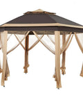 Front view of 13x13 Pop Up Hexagonal Gazebo Canopy Shelter With Mesh Netting For Lawn Garden Backyard And Deck Instant Setup Patio Sun Shade Tent With Double Tier Roof All Season Outdoor Shelter Khaki Brown.