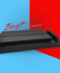 Door Hole Installation Kit With 3 Inch Frame Guide Base and removable drill block on split blue and red background.