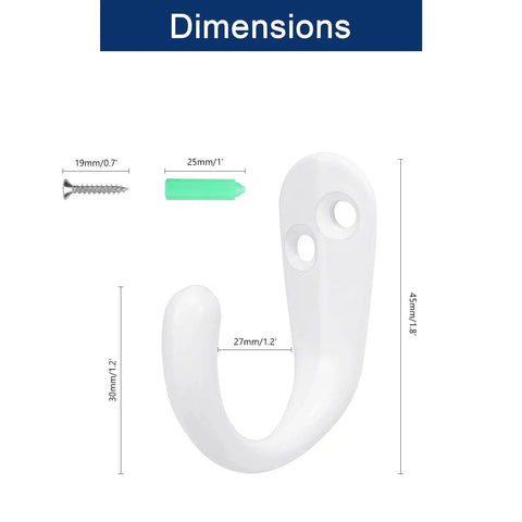Heavy Duty Metal Coat Hooks Wall Mounted 10 Pack Single Prong Robe Hanger with dimensions and mounting screws in white