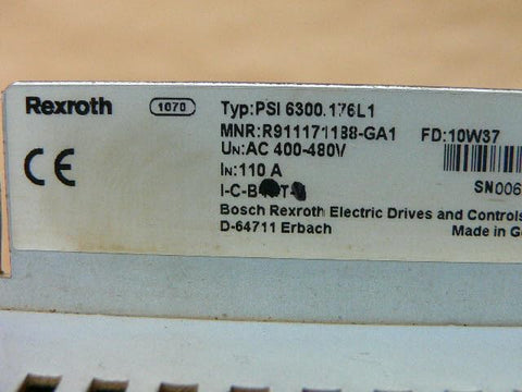 PSI6000 series inverter model 6300.176 L1 (R911171188-GA1) label showing technical specifications and Bosch branding.
