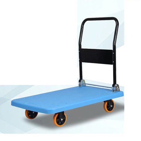 No Sweat Heavy Duty Foldable Flatbed Hand Cart With 880 Pound Load Capacity And 360 Degree Swivel Wheels Premium Steel Platform Trolley For Home Hauls, blue flatbed design with orange wheels.